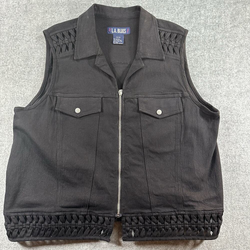 Vintage L.A. Blues Black Denim Zip Front Vest Pockets Point Collar Women’s 22/24